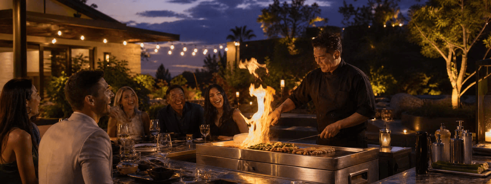 High-energy backyard hibachi party with a spectacular fire show and happy guests