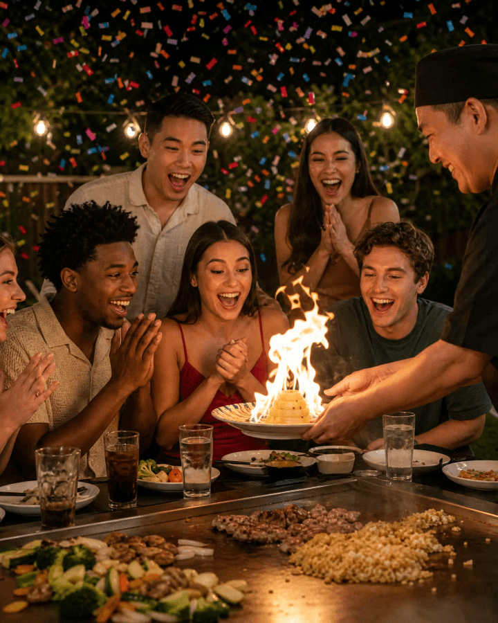 Joyful birthday celebration with a private hibachi chef creating a special moment for guests