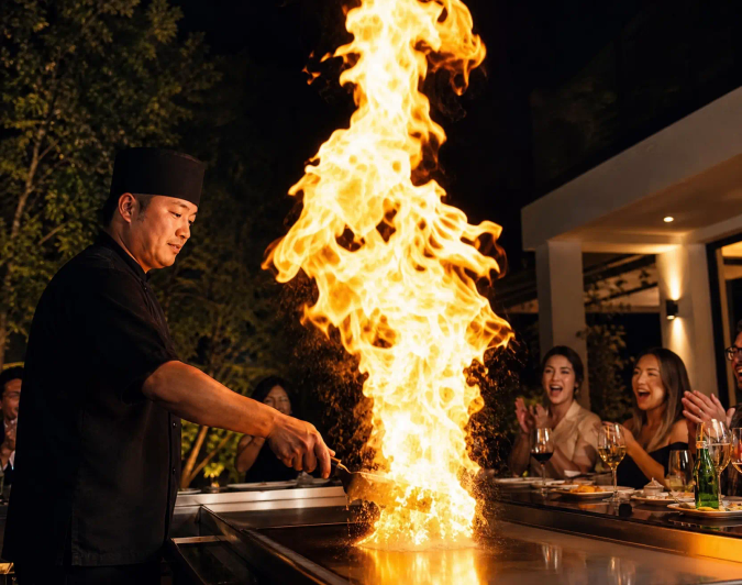 Private hibachi dinner under string lights with a fire show