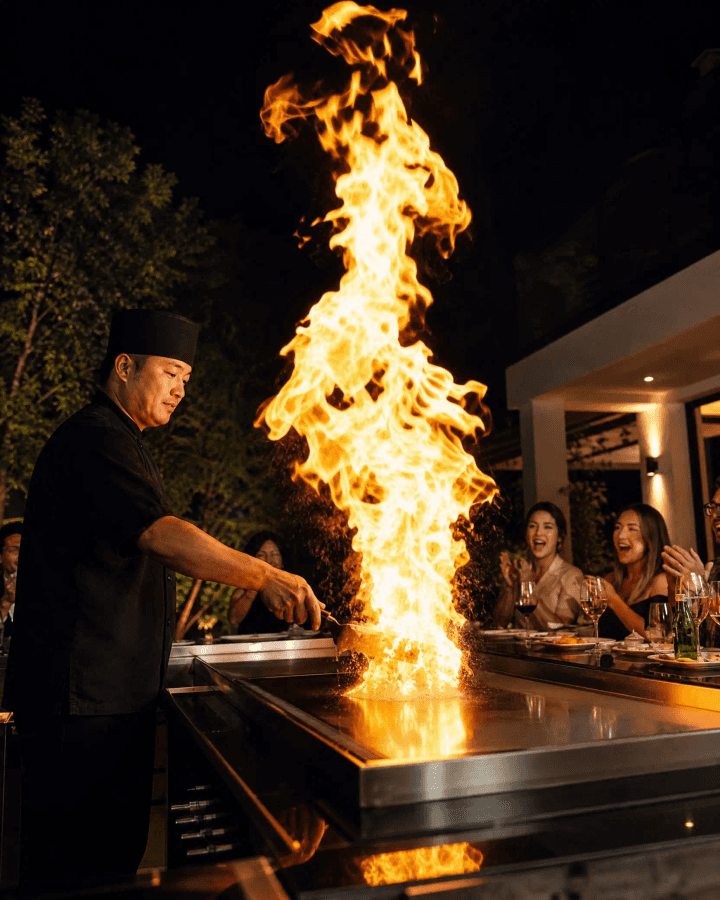 Private hibachi chef performing a dramatic fire show at a luxury California backyard party