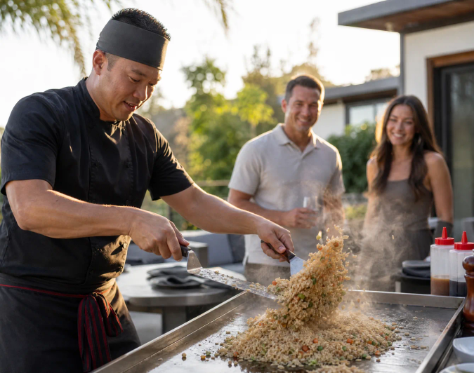 Hibachi chef tossing fried rice with spatulas during a private backyard dinner