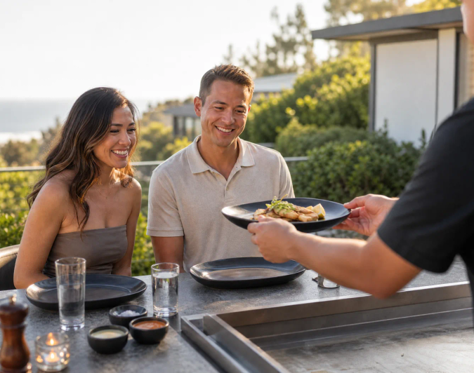 Private hibachi chef serving a freshly prepared plate to backyard dinner guests