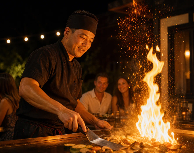 Hibachi chef illuminated by warm firelight during an evening grill performance