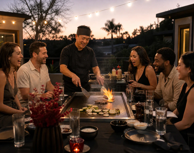 Friends gathering around a private hibachi grill at dusk in a California backyard
