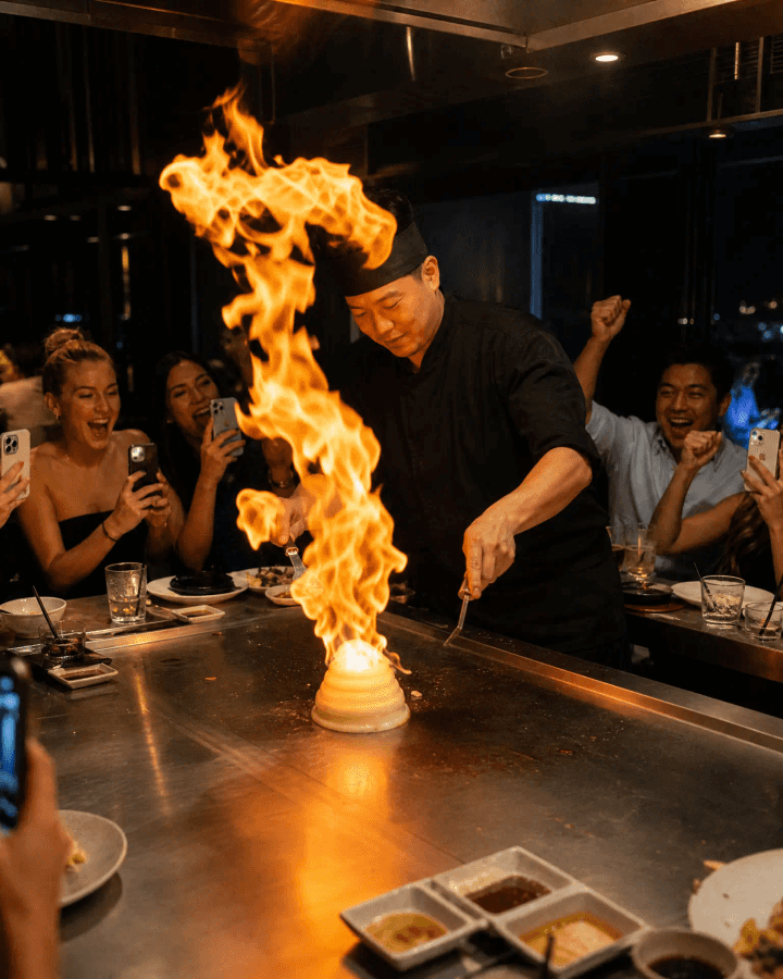 High-energy hibachi party peak moment with guests cheering and a spectacular fire trick