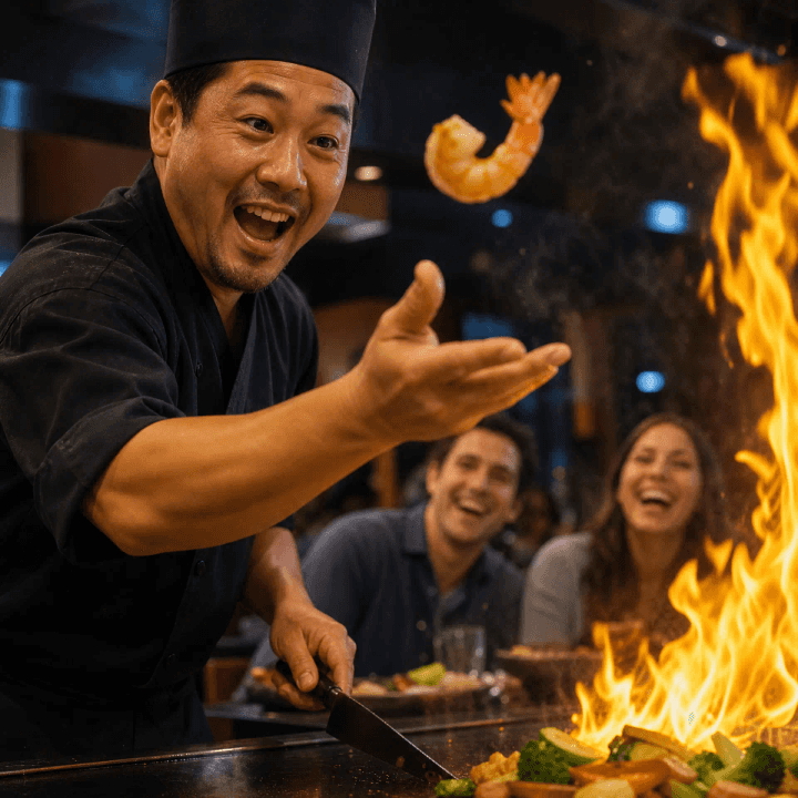 Hibachi chef performing a signature fire show on the teppanyaki grill
