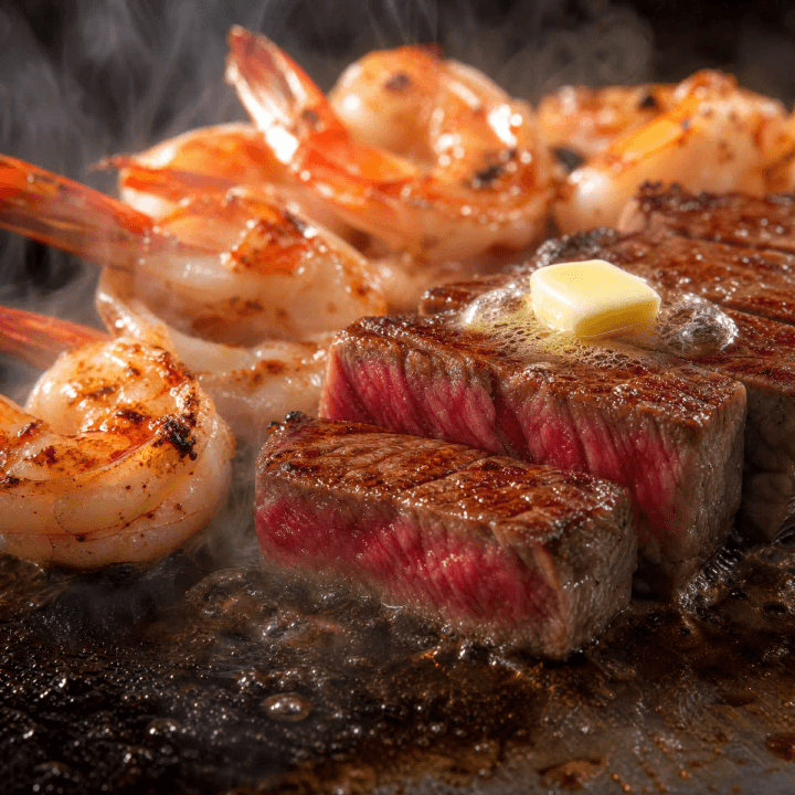 Premium wagyu steak and seafood searing on a professional teppanyaki grill